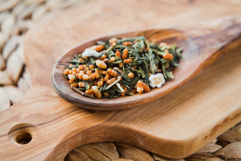 genmaicha tea on a wooden spoon