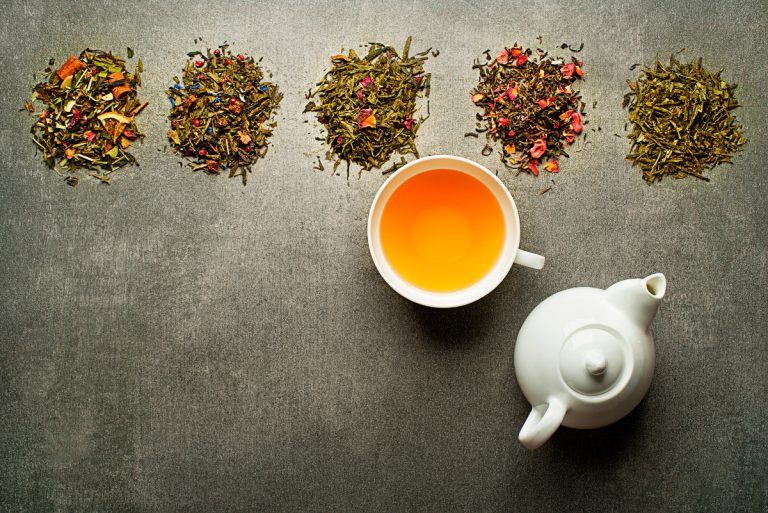 cup of tea on grey background