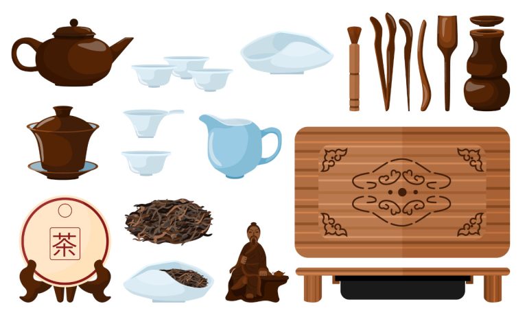 chinese tea ceremony utensils on white background