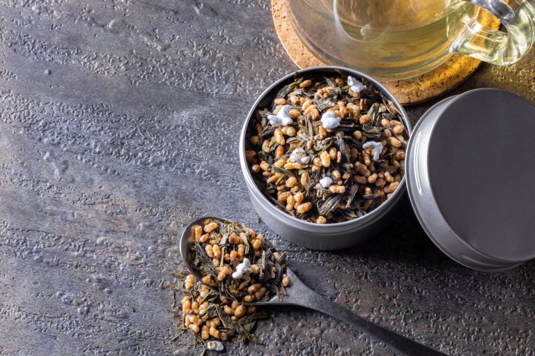 genmaicha tea in a round container