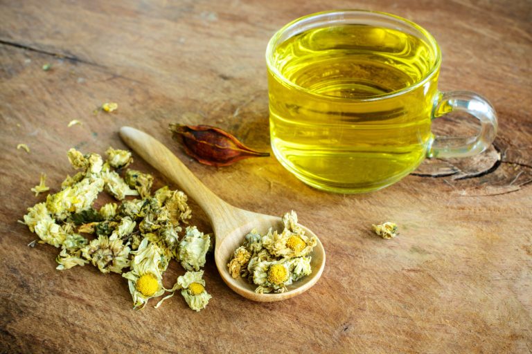Chinese Chrysanthemum Tea on Wooden Background