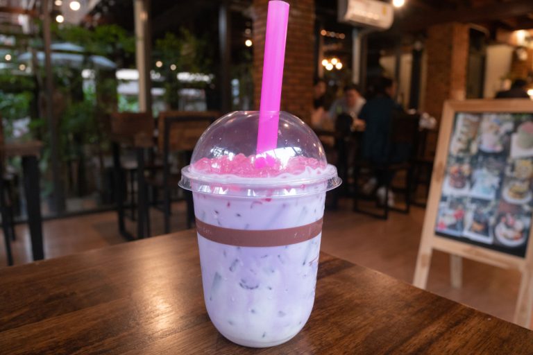 Taro Milk Tea with Pink Konjac and Tapioca Pearls