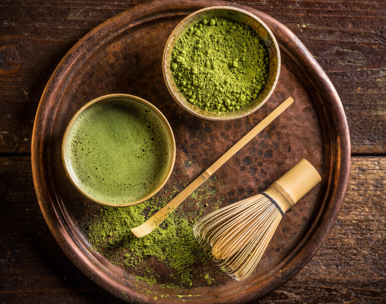 japanese matcha on a hammered copper plate