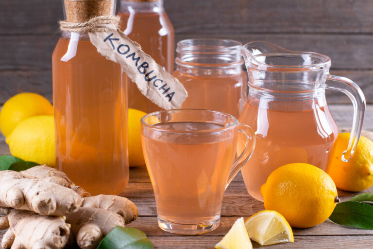 kombucha on rustic background